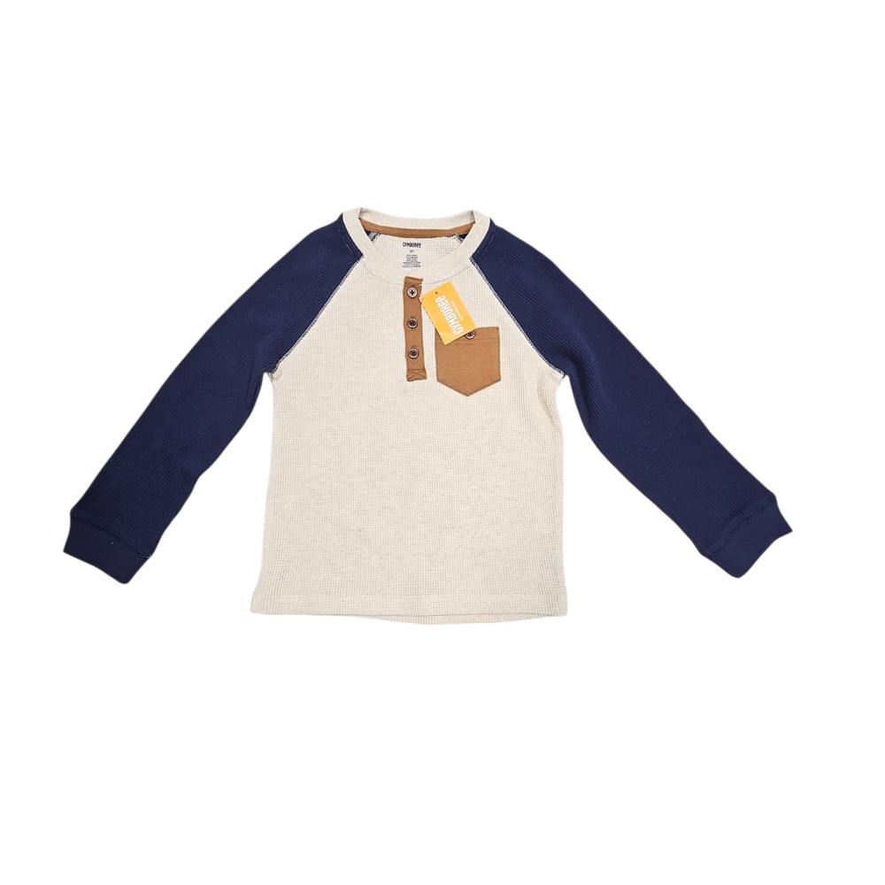 Gymboree Henley Shirt Kids 5T Cream‎ Navy Blue Waffle Knit Elbow Patch Heritage